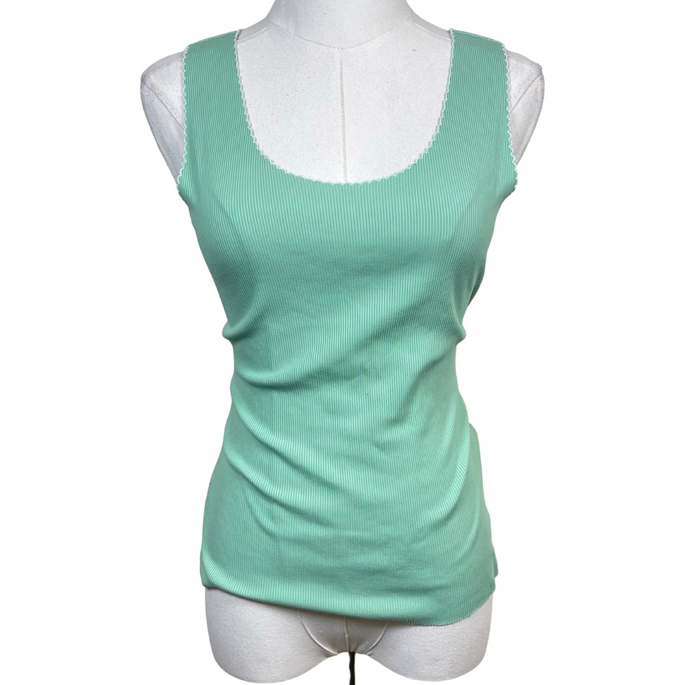 Vintage Tommy Jeans Ribbed Tank Top Women XL Mint Green Scallop Trim Y2K Sporty